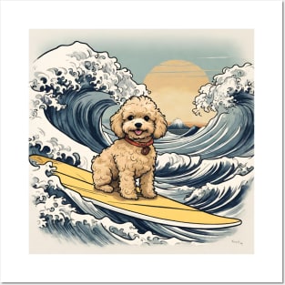 Funny Mini Goldendoodle Surfing in Vintage The Great Wave Off Kanagawa Posters and Art